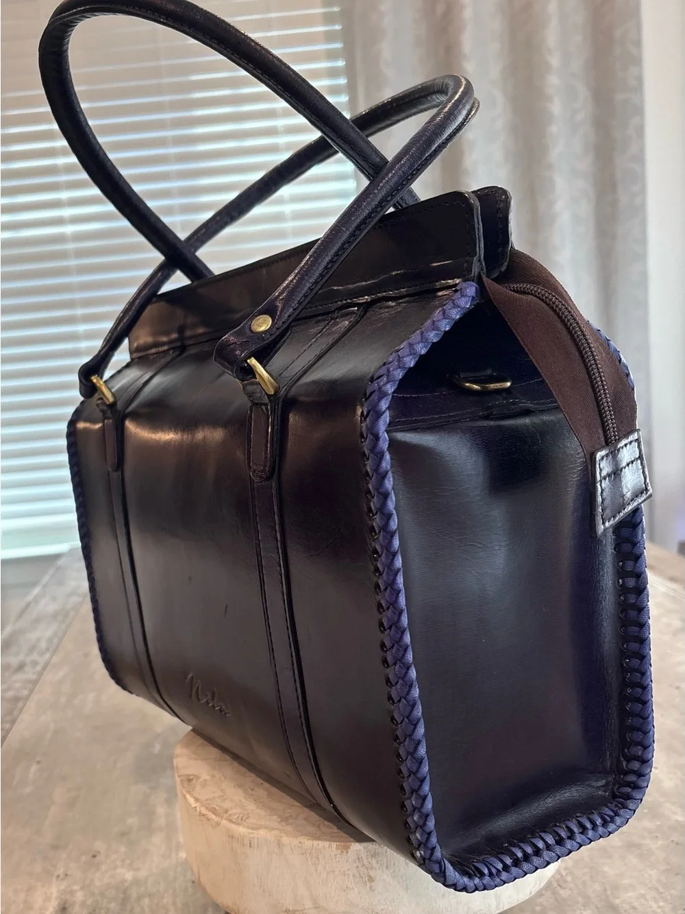 Nila Deep Purple Leather Satchel with Gold Accents